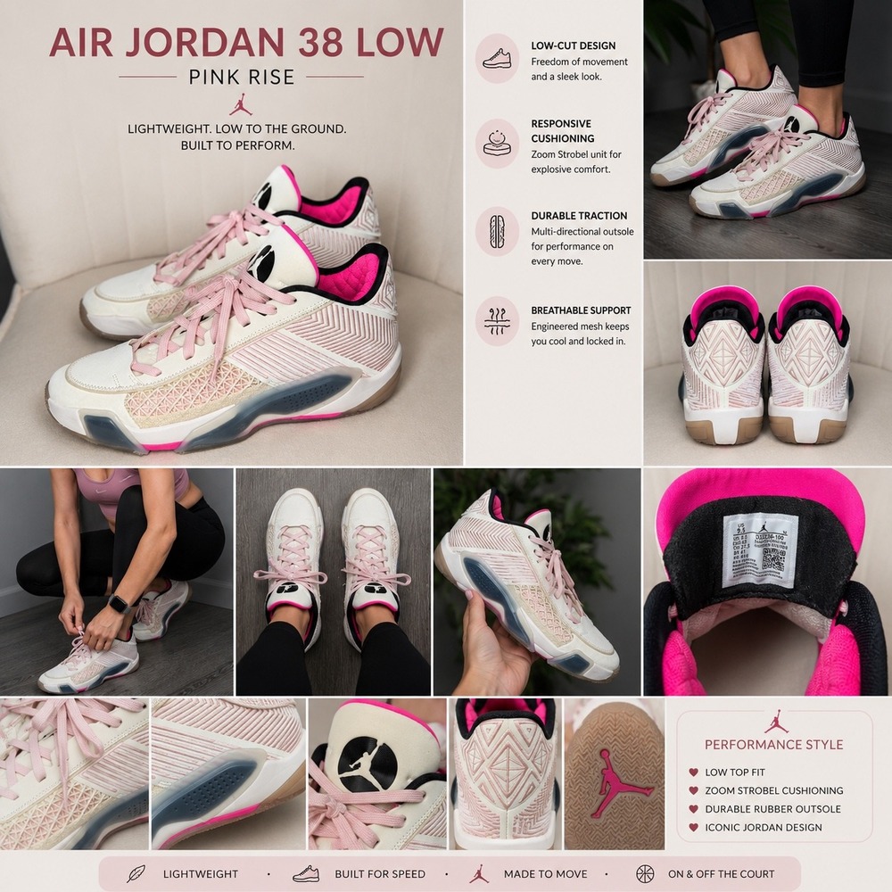 Air Jordan 38 Low Pink Rise Basketball Shoes FD2326-100 Womens 9.5 White Pink